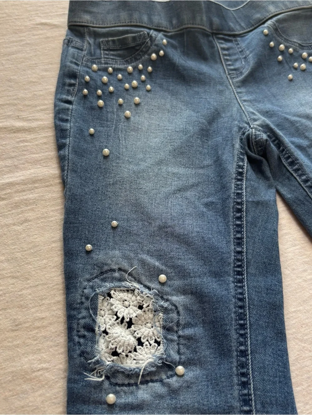 Justice Girls Size 10 Distressed Skinny Jeans Pearl Crochet Mid Rise